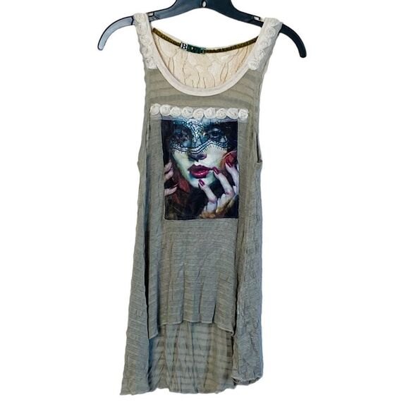Bowie Vintage High Low Lace Rosettes Portrait Detail Tank Top Sz L - Picture 2 of 15